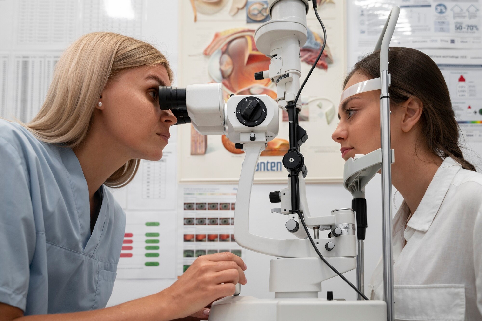 An eye care professional examines a patient's eyes using a slit lamp in a clinical setting, highlighting the importance of eye health assessments.