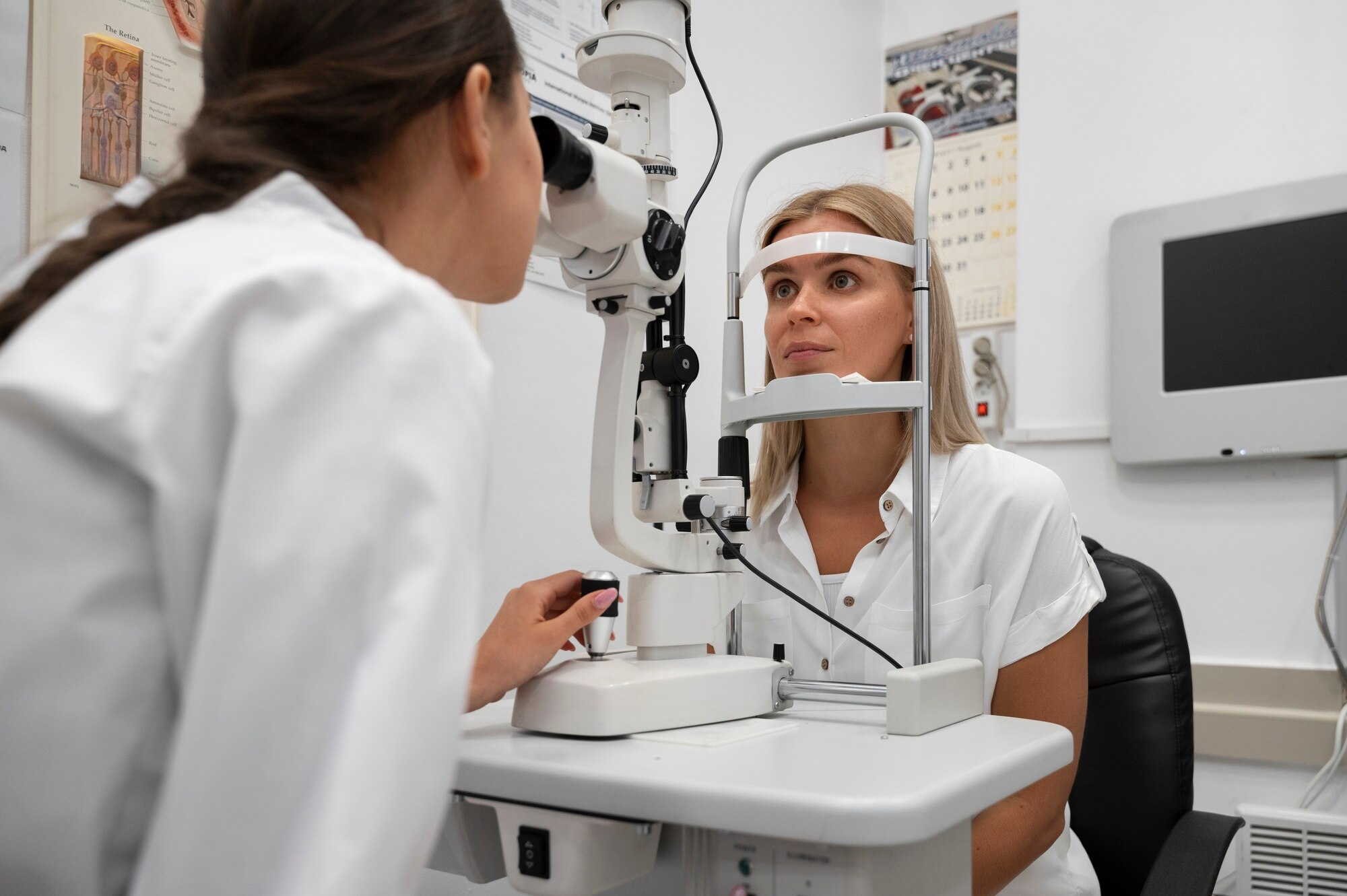 An eye care professional conducts an eye examination on a patient using a slit lamp in a clinical setting.